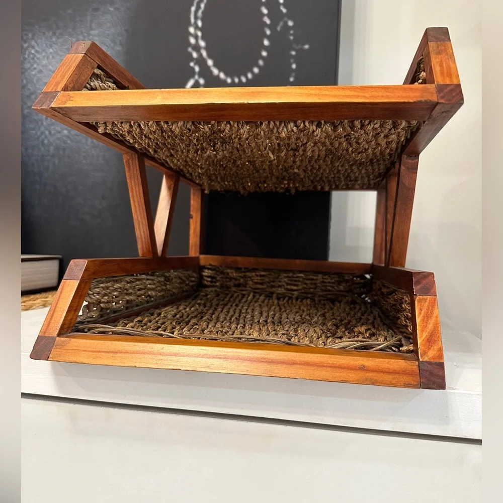 Vintage Tiered Wooden & Rattan Paper Tray or Book Display Holder